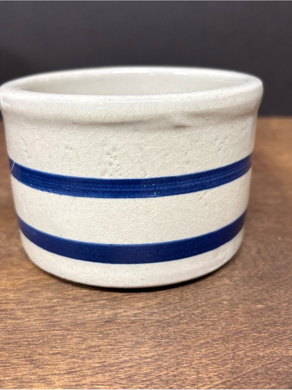 Vintage Roseville USA White Pottery Short Crock with Blue Stripes